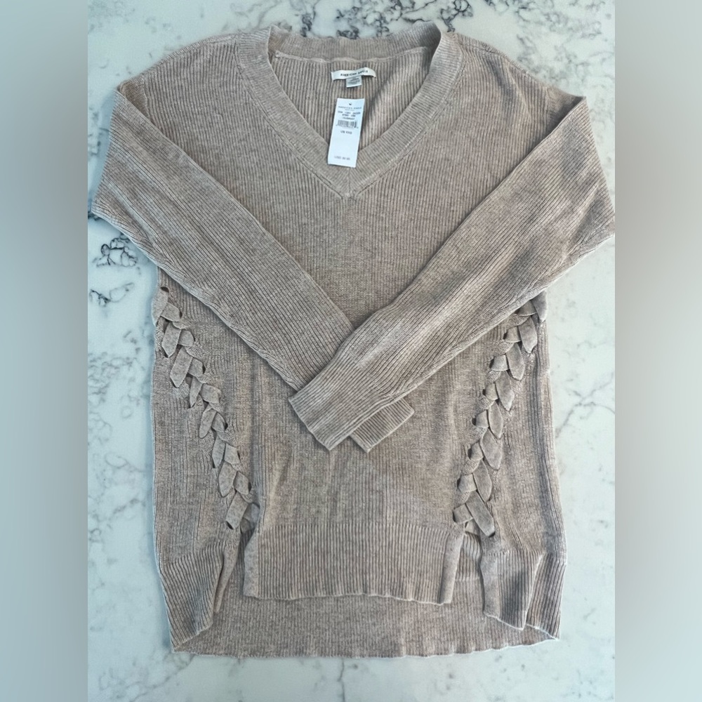 New American Eagle Tan Sweatshirt Pullover V Neck Shoelace Front XS NWT